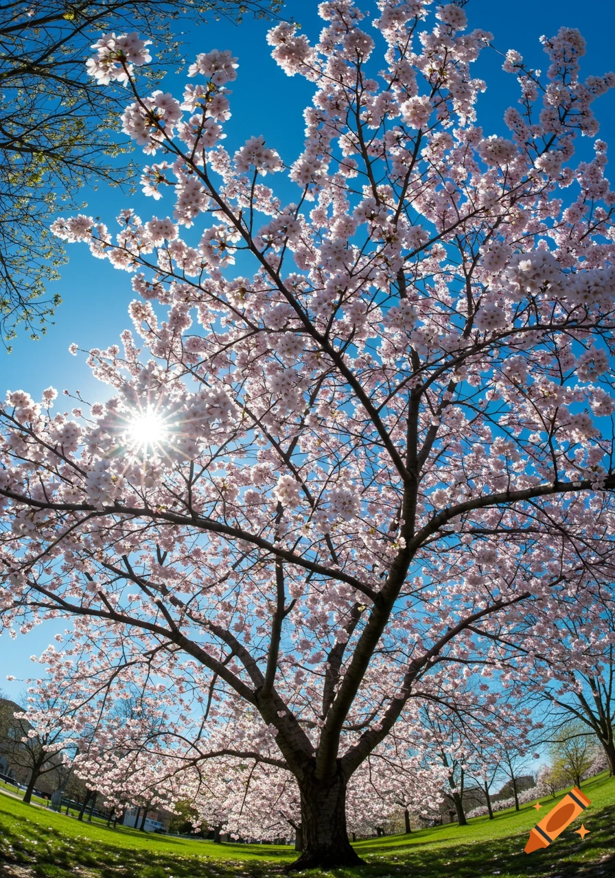 A wide-angle view of a flowering cherry tree against a bright blue sky with the sun shining through its branches.