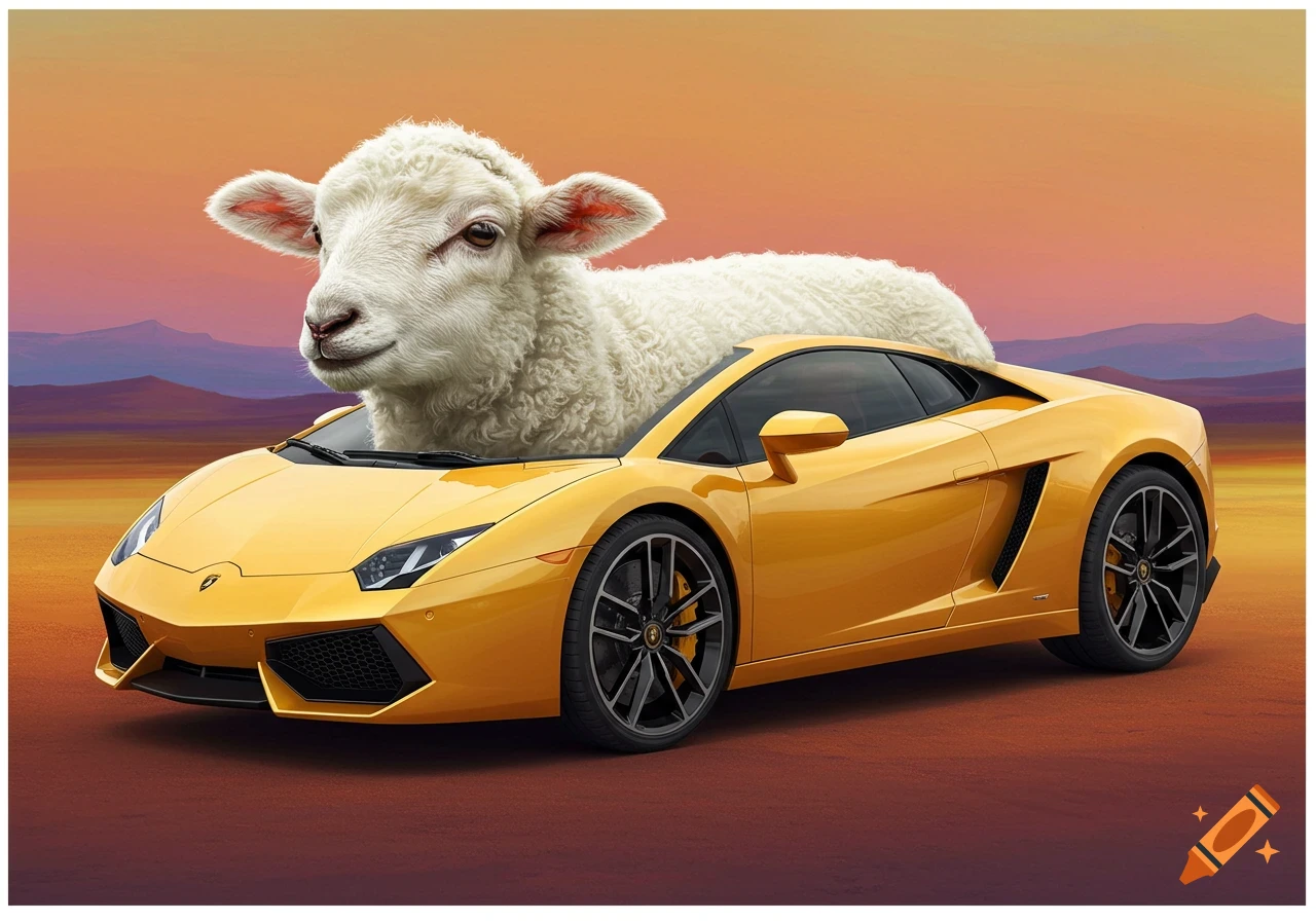 A white lamb sits in the driver's seat of a yellow Lamborghini sports car in a desert landscape.