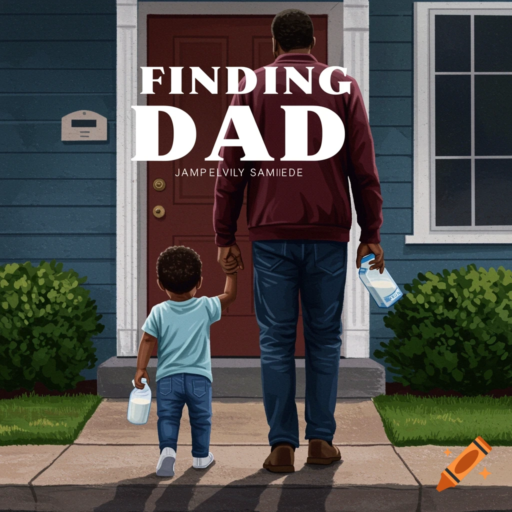 Illustration of a father and son walking towards a blue house, holding hands, with 'Finding Dad' text.