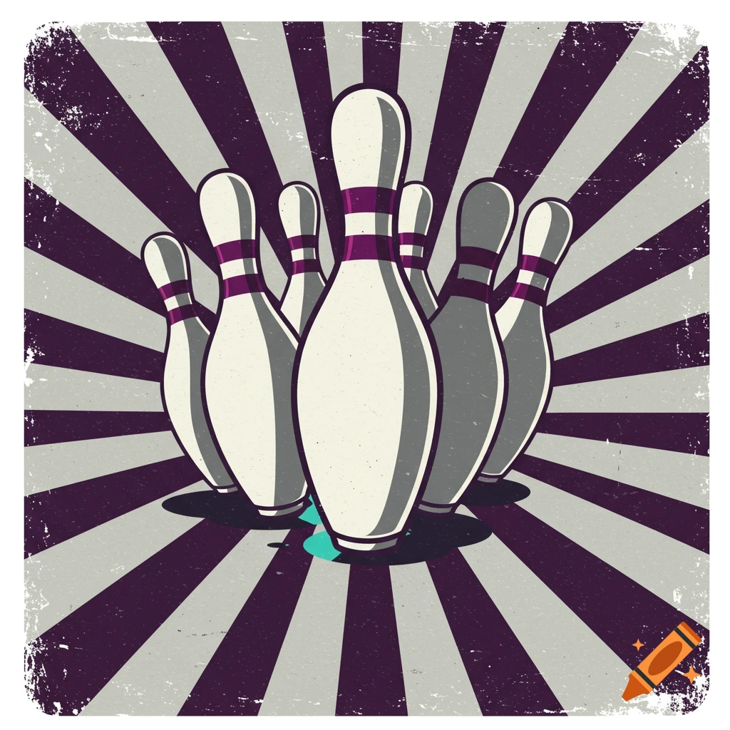 Bowling pins on a striped retro background with grunge texture.