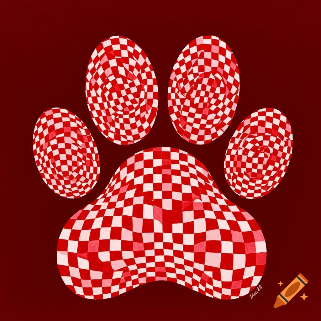Paw print with red and white checkerboard optical illusion pattern on a red background
