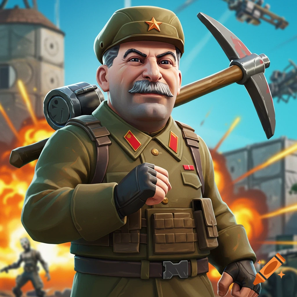 Cartoonish figure resembling Joseph Stalin in military uniform holding a pickaxe, in a battle scene.