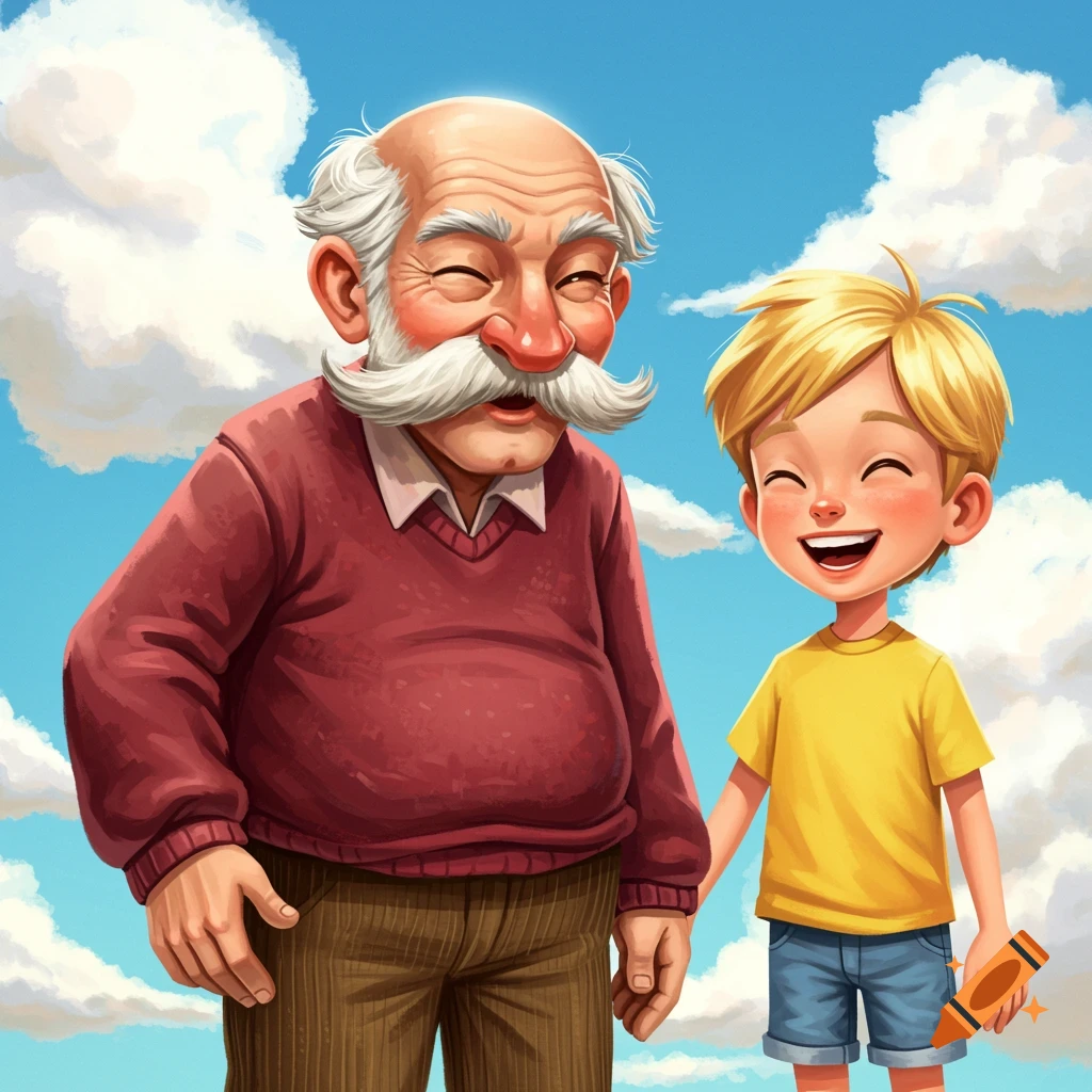 Cartoon of a smiling old man and a boy against a cloudy sky.