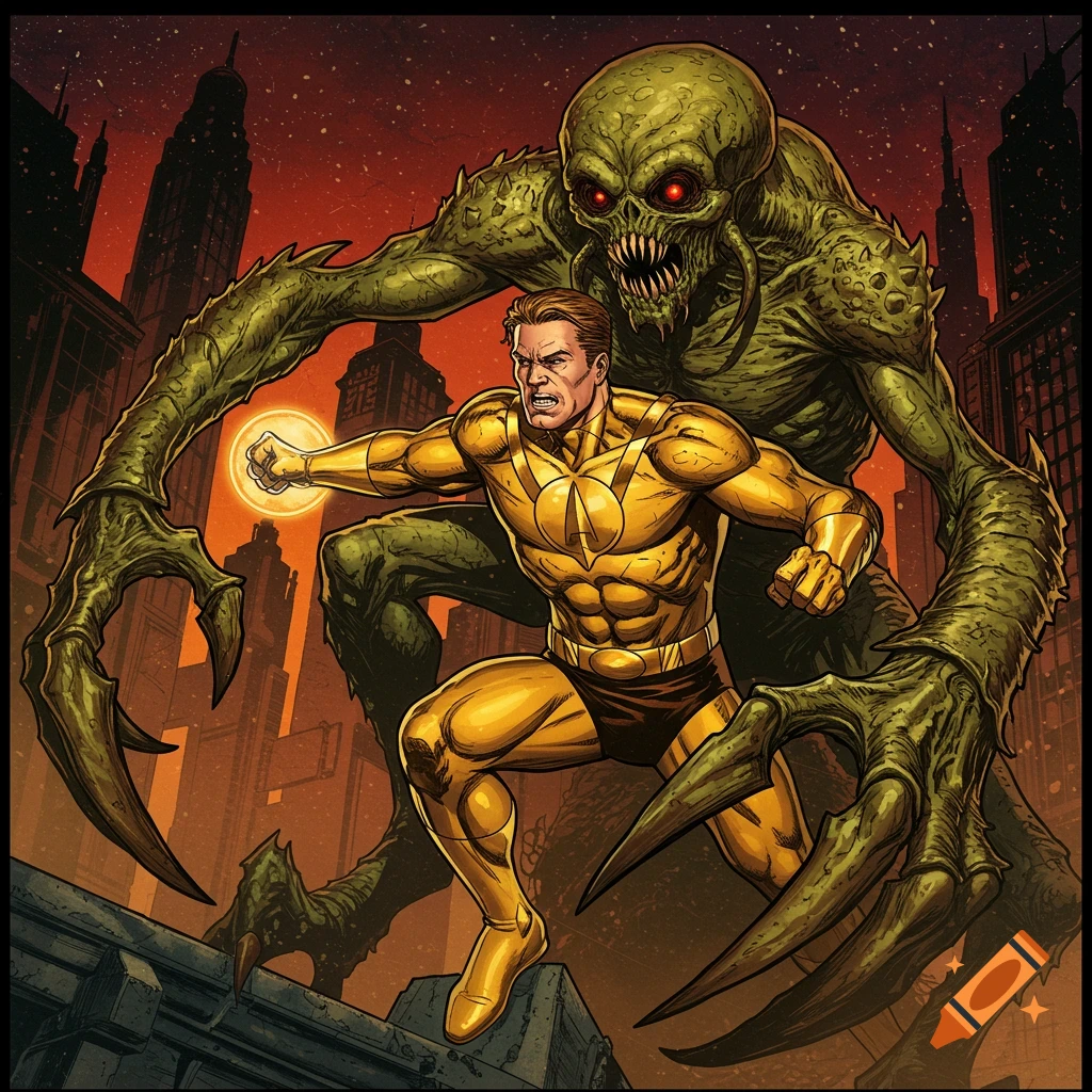 Comic art of a superhero in a gold suit fighting a green monster in a city.