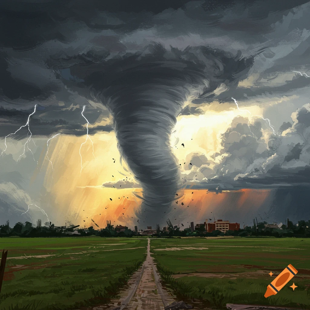 A large tornado rips through a landscape towards a distant town under a dark storm sky with lightning and orange light.