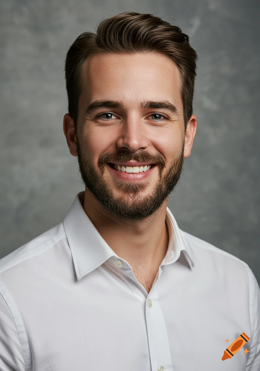 Smiling man with beard in white shirt, portrait photo