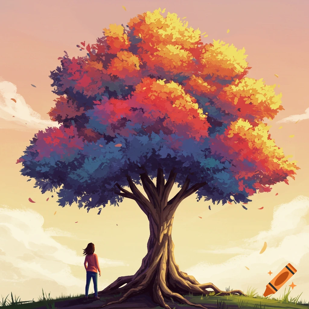 An illustration of a person standing under a large tree with colorful leaves.