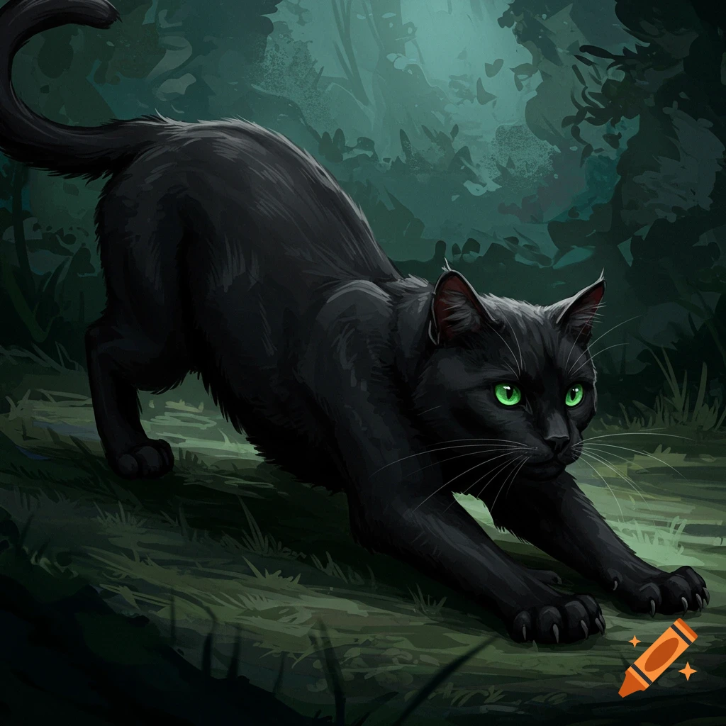 A black cat with bright green eyes stretches low in a dark forest.