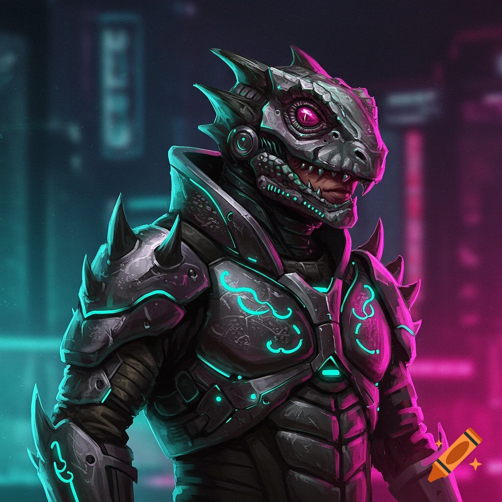 Sci-fi fantasy character in reptilian armor in a neon city