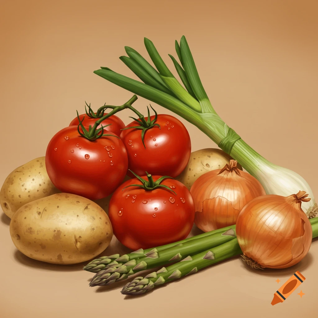 Still life painting of tomatoes, potatoes, onions, and asparagus.