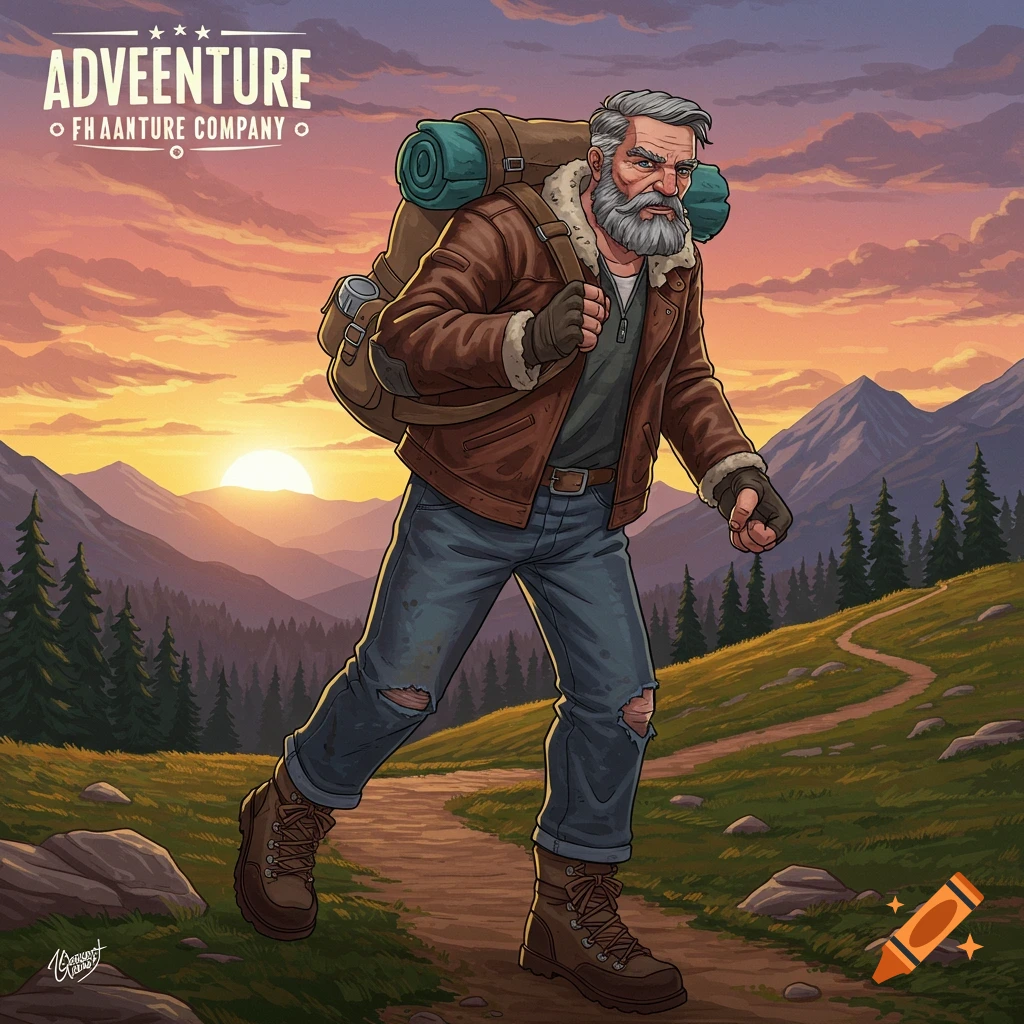 Illustration of a man hiking in the mountains at sunset with a backpack.