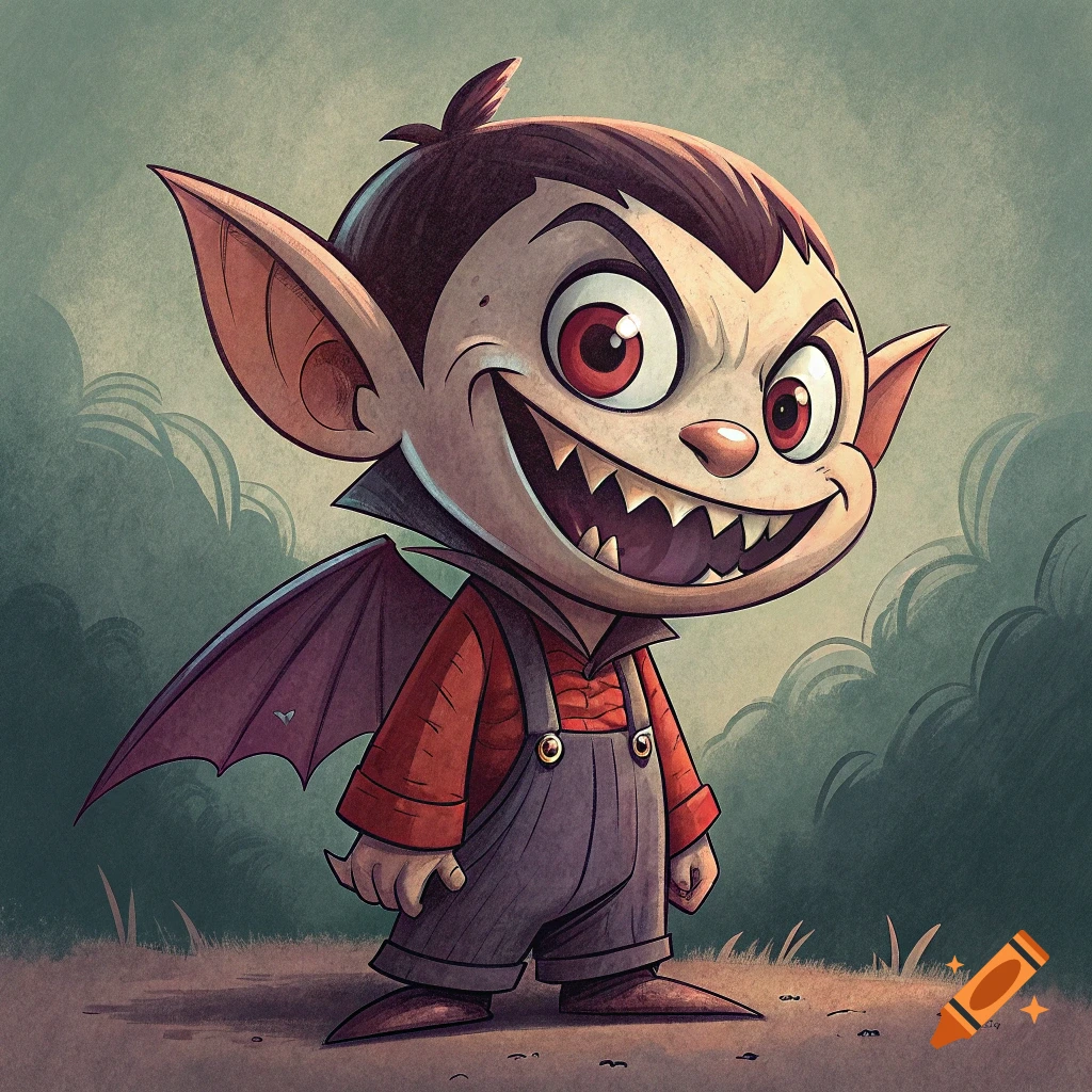 A cartoon vampire child with pointy ears, fangs, and small bat wings wears a red shirt and overalls.