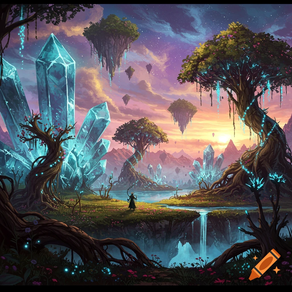 A surreal fantasy landscape with giant glowing crystals, floating islands, a river with a waterfall, and a mage figure.