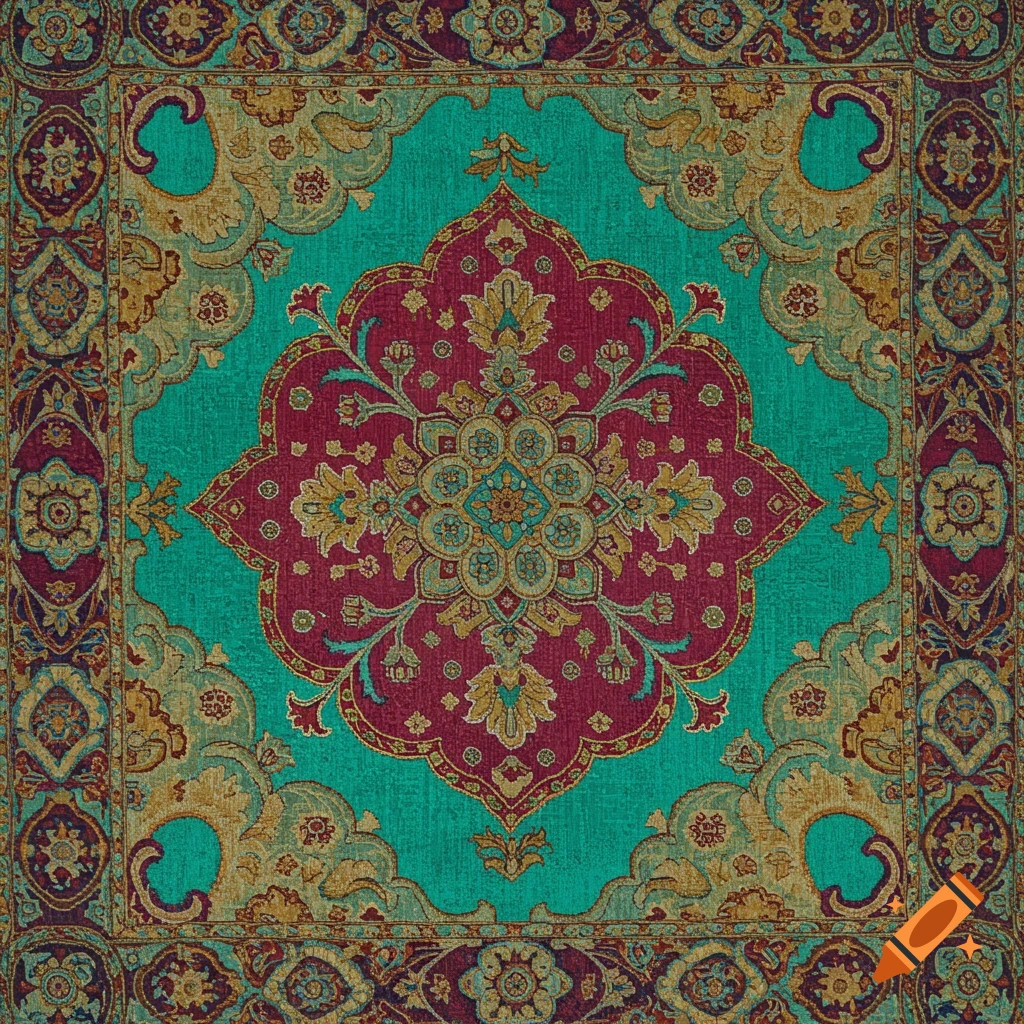 Detailed ornate carpet pattern in teal, burgundy, and gold colors.