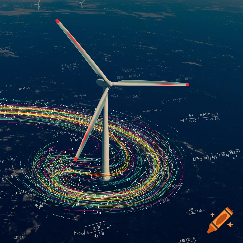 A wind turbine with colorful swirling lines visualizing wind flow and scattered mathematical equations.