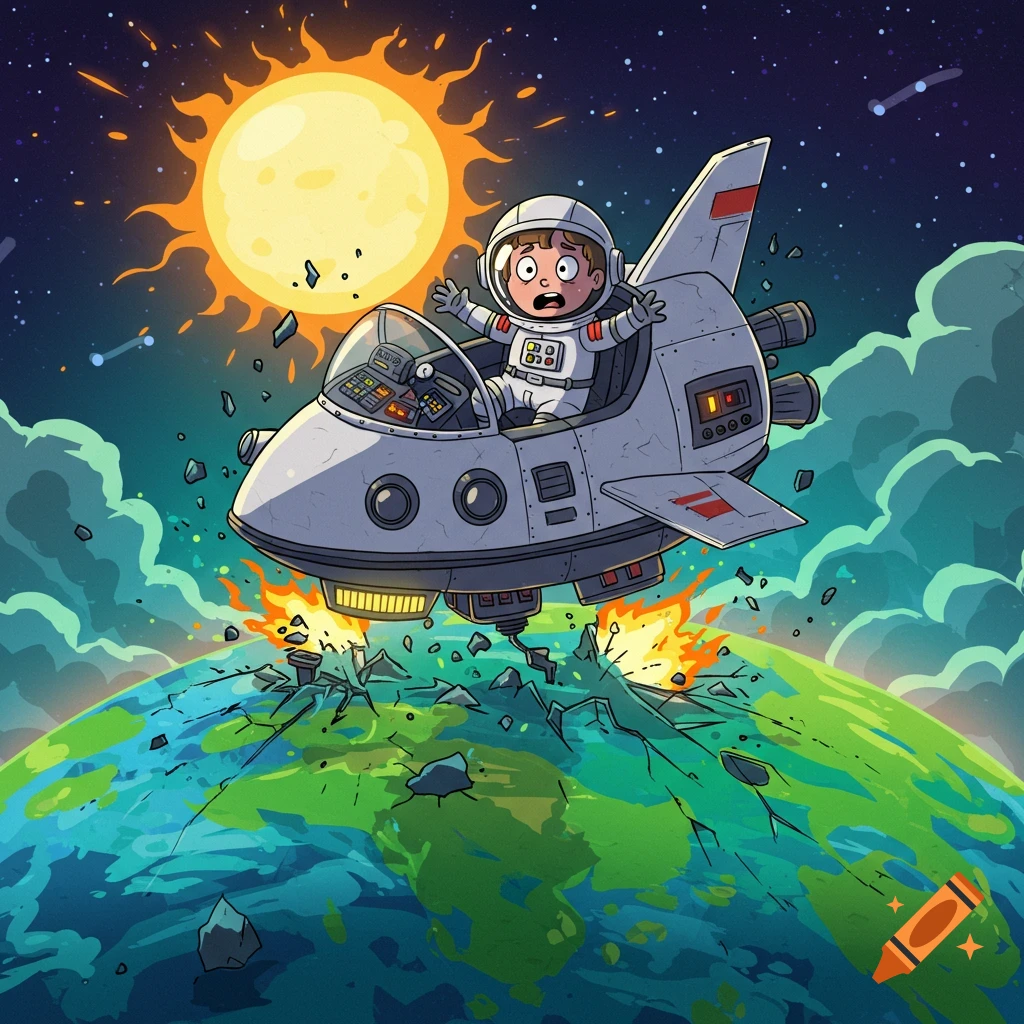 Cartoon astronaut boy in a spaceship crashing into a planet looks scared