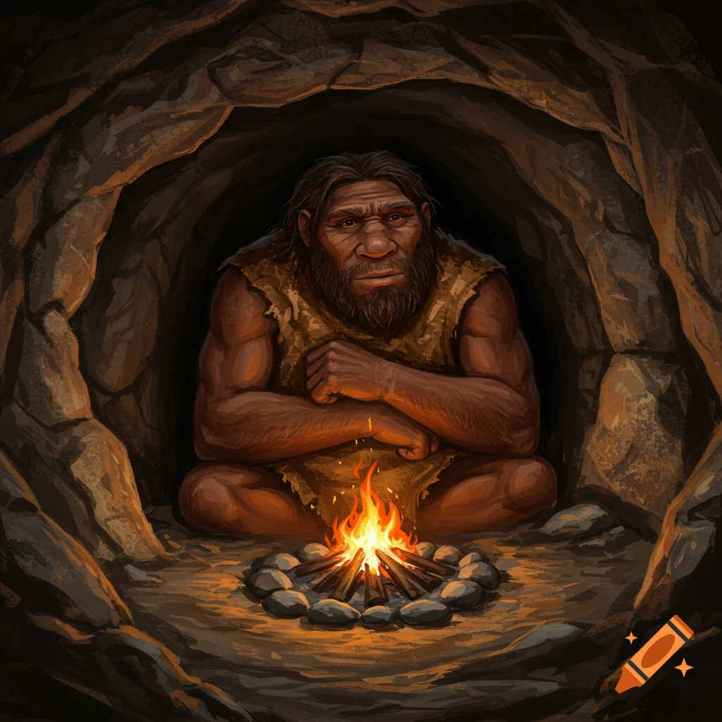 A neanderthal man sits by a fire inside a cave.
