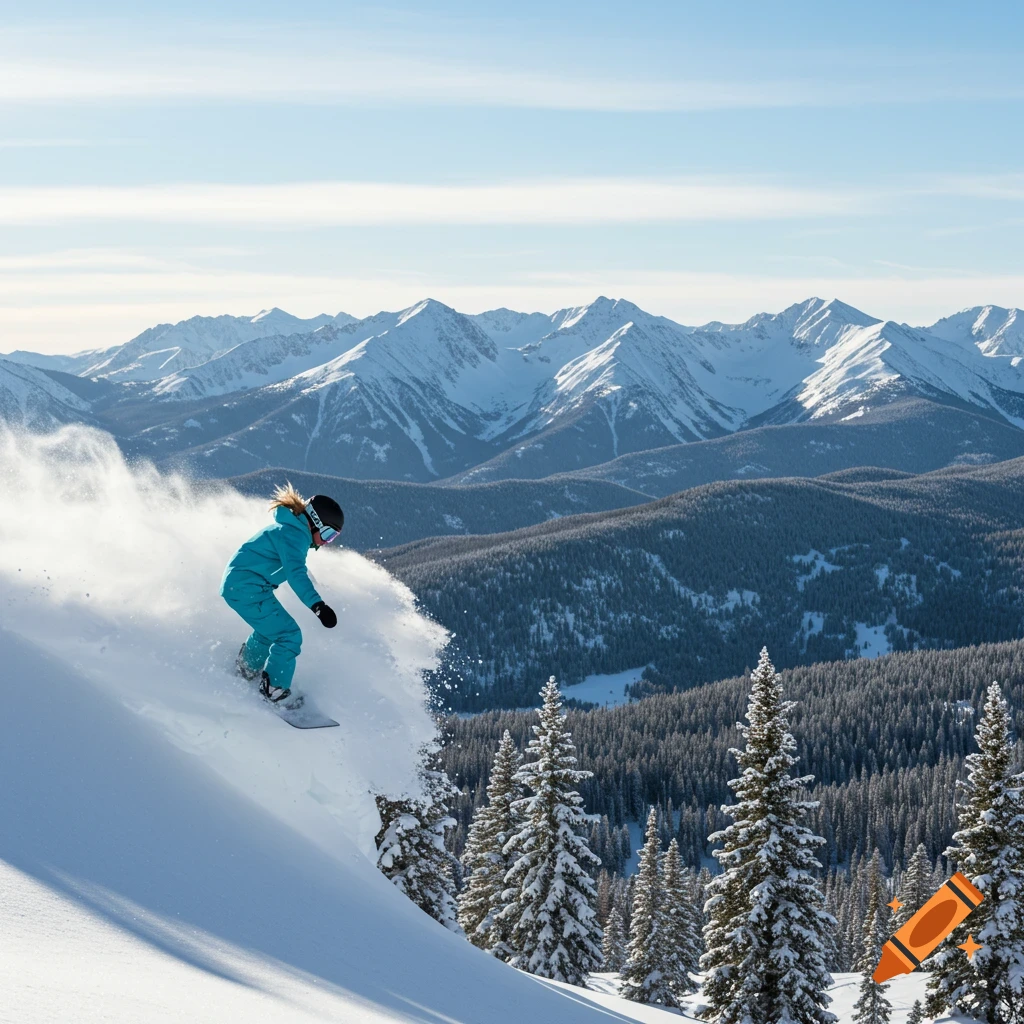 A snowboarder carves down a snowy mountain slope, kicking up powder, with snowy trees and peaks behind.