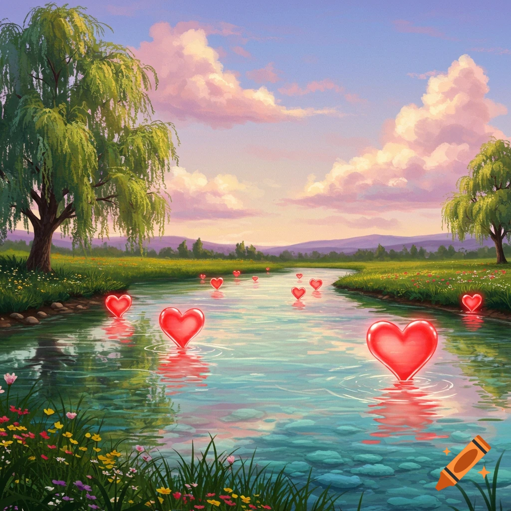 Red hearts float on a river through a green landscape under a cloudy sky, digital art.