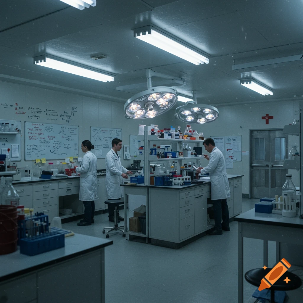 Interior of a cold, fluorescent-lit bunker laboratory with doctors in white coats and whiteboards covered in scribbled notes.