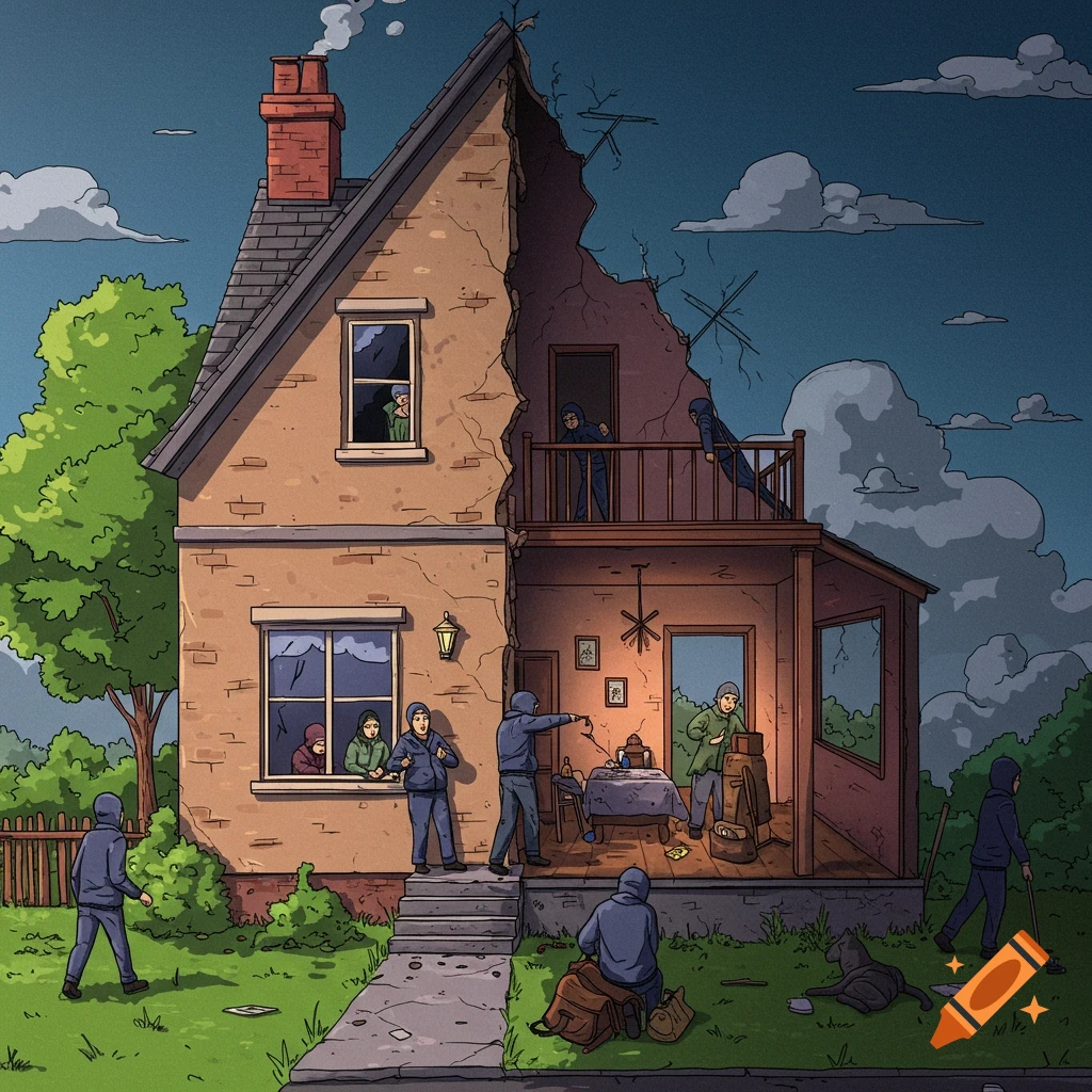 Illustration showing a house cut in half with people looting inside and outside.