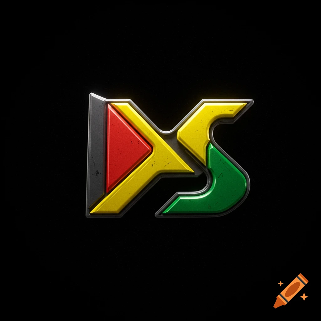 Metallic DS logo with red, yellow, and green sections on a black background, distressed texture.