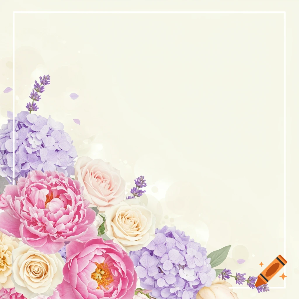 Floral background with pink peonies, white roses, purple hydrangeas, and lavender on a cream background.