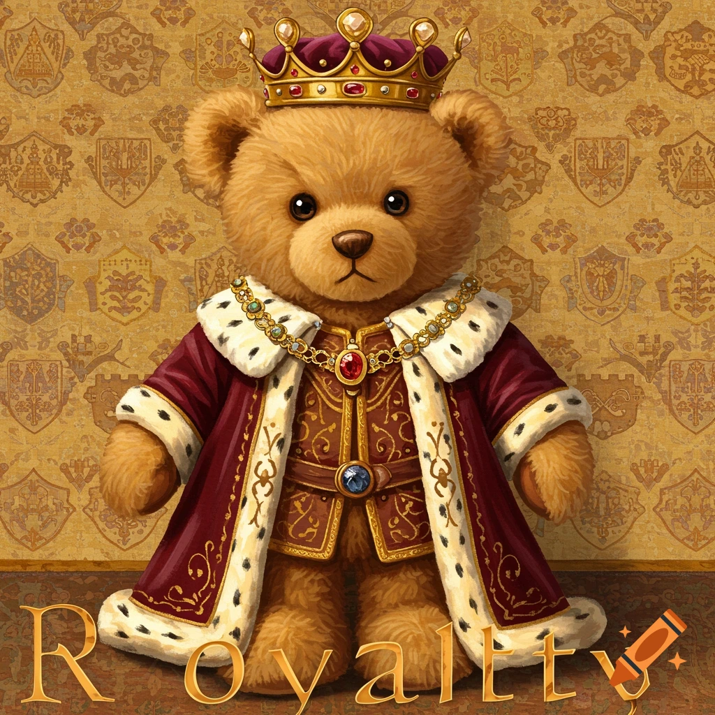 Teddy bear dressed as a king with a crown and robes, with the word Royalty below.