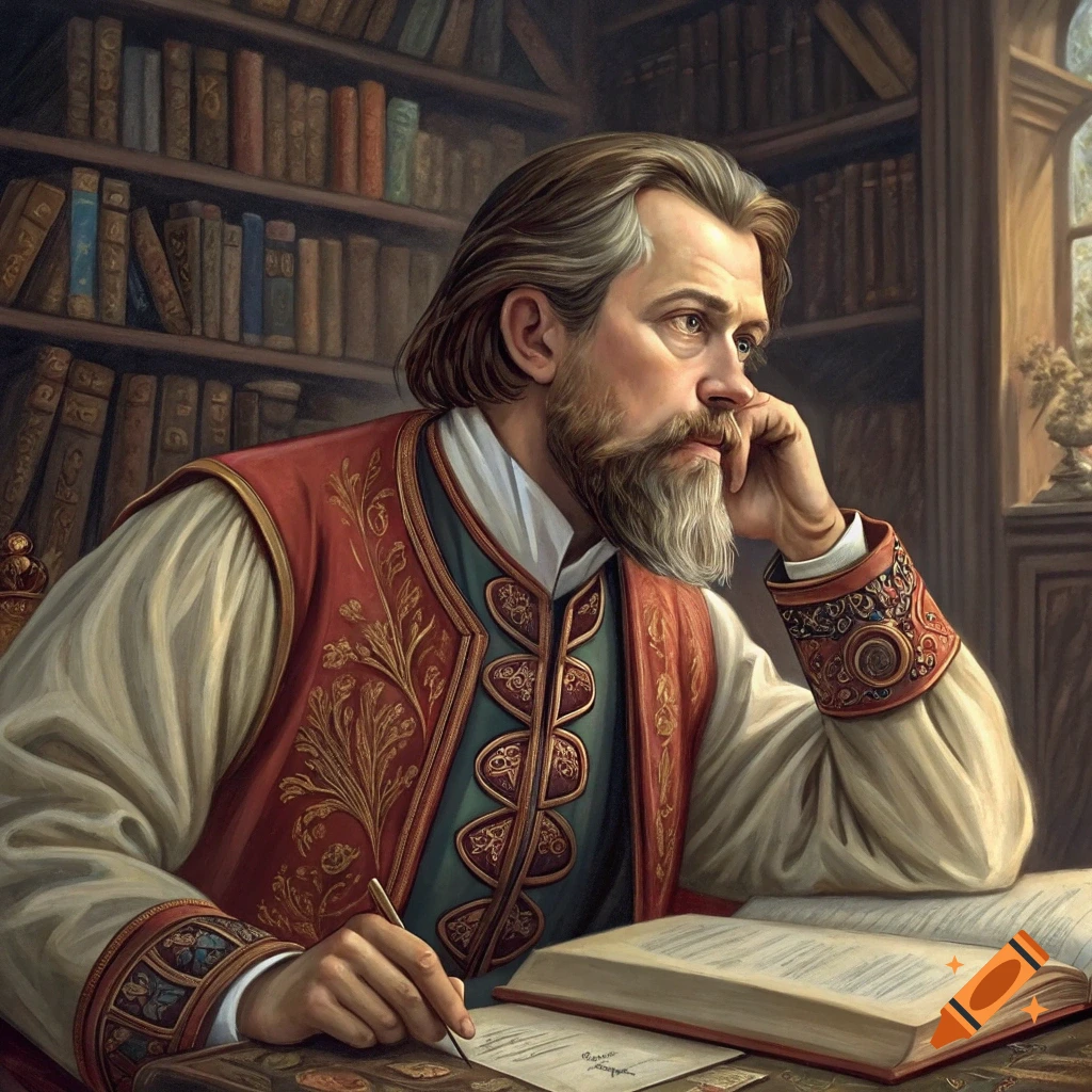 Historical portrait of a man writing at a desk in a library.