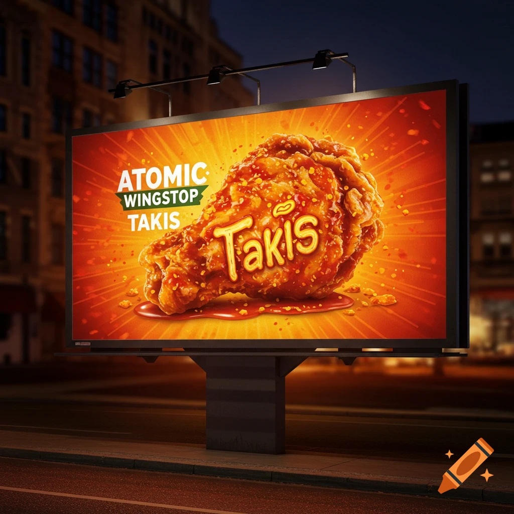 A large billboard advertising Atomic Wingstop Takis fried chicken on an urban street at night.
