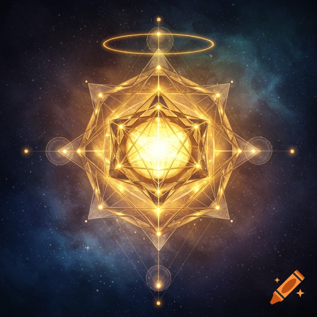A glowing golden geometric star shape (Merkabah) against a dark cosmic background with stars and nebula.