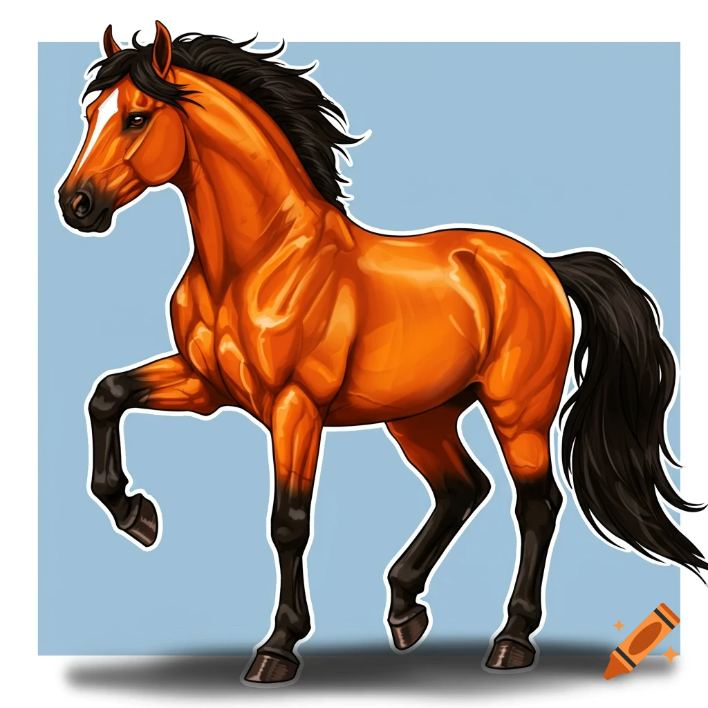 A stylized illustration of an orange and black horse standing with one leg raised.