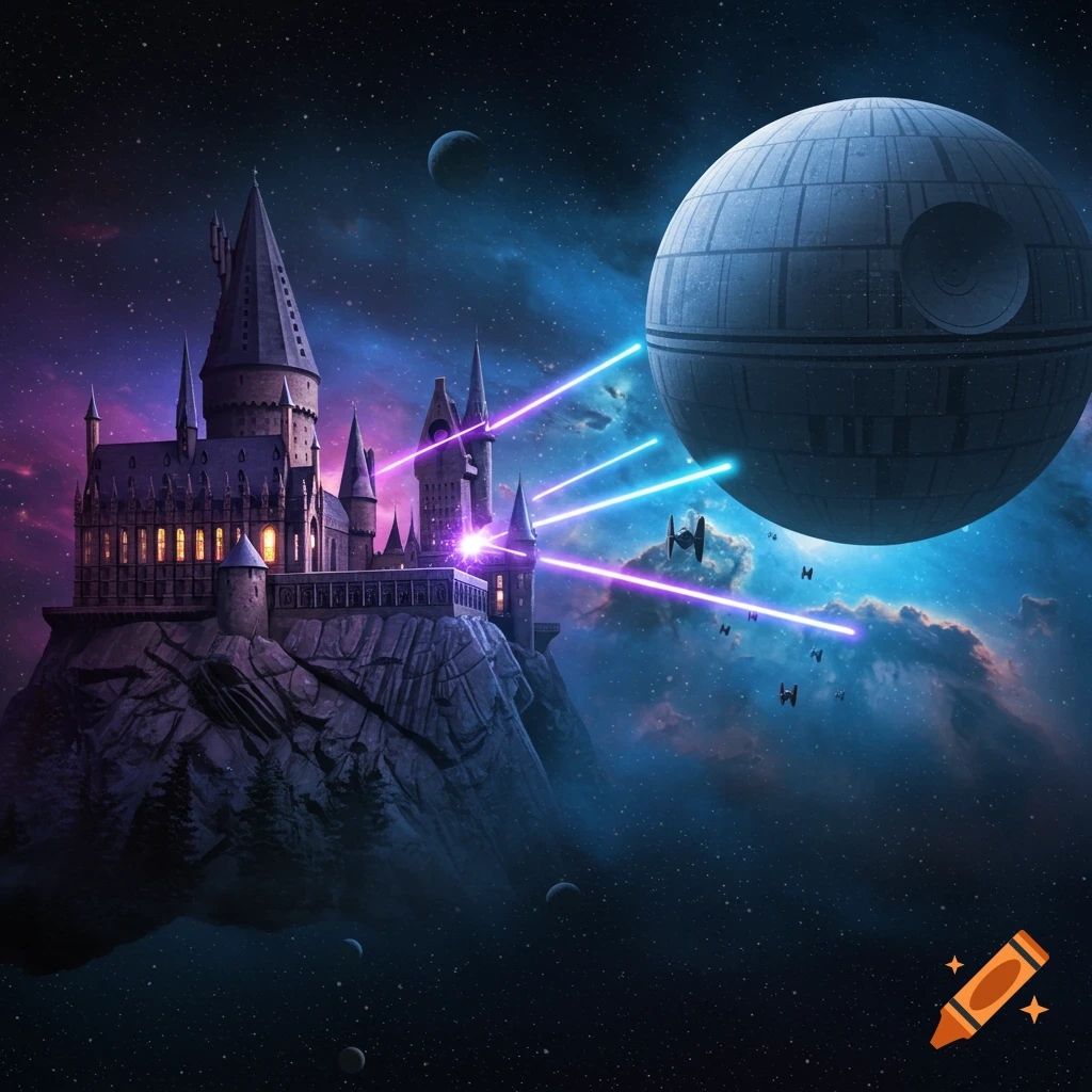 Hogwarts castle in space firing lasers at the Death Star with TIE fighters