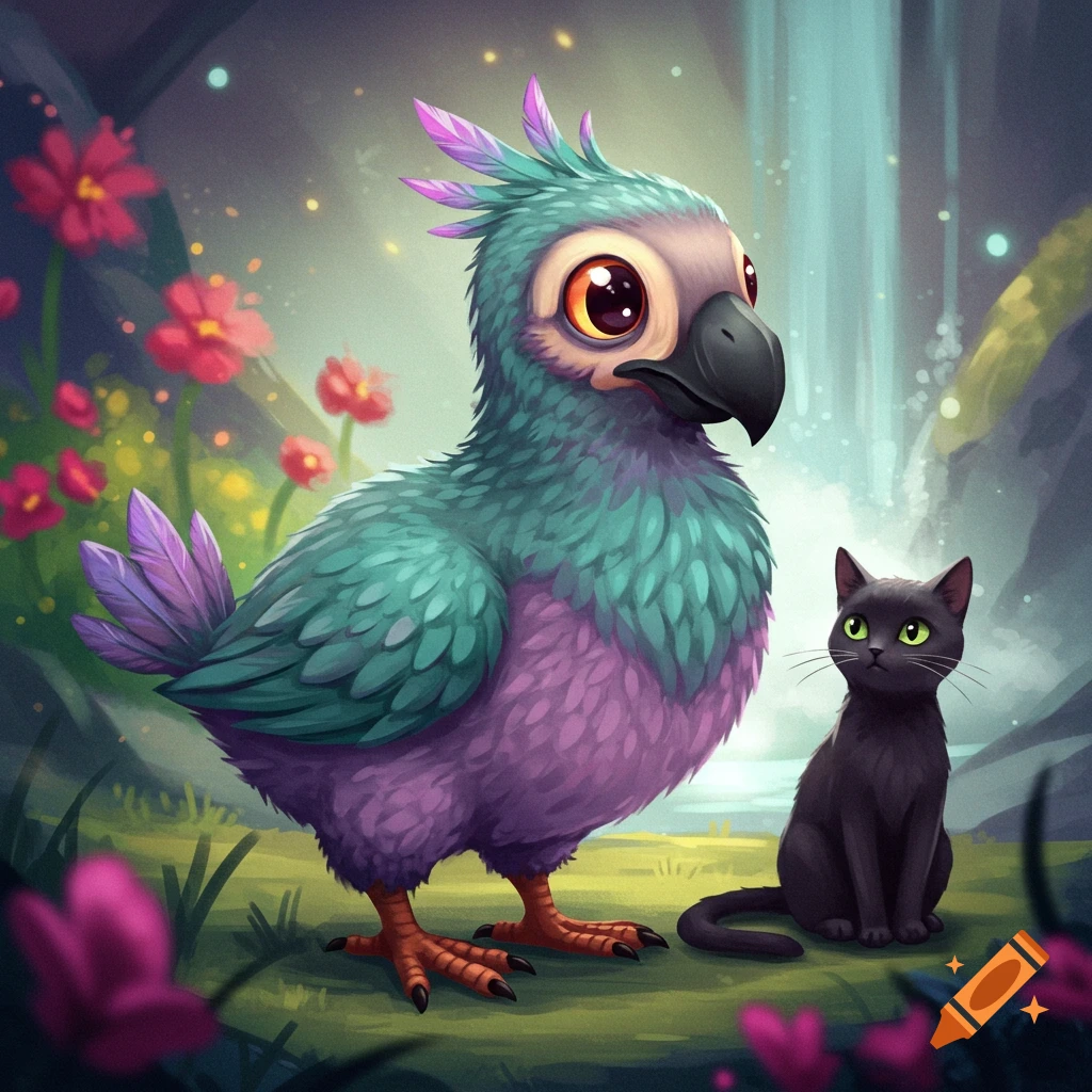 Cartoon dodo-like creature and a black cat in a magical forest with a waterfall.