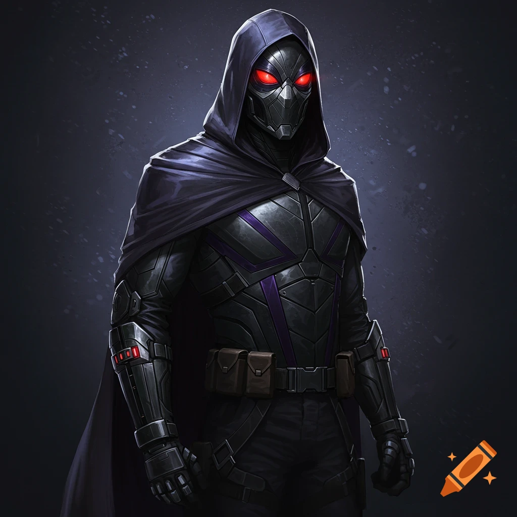 A hooded figure in dark, armored suit with glowing red eyes and purple accents.