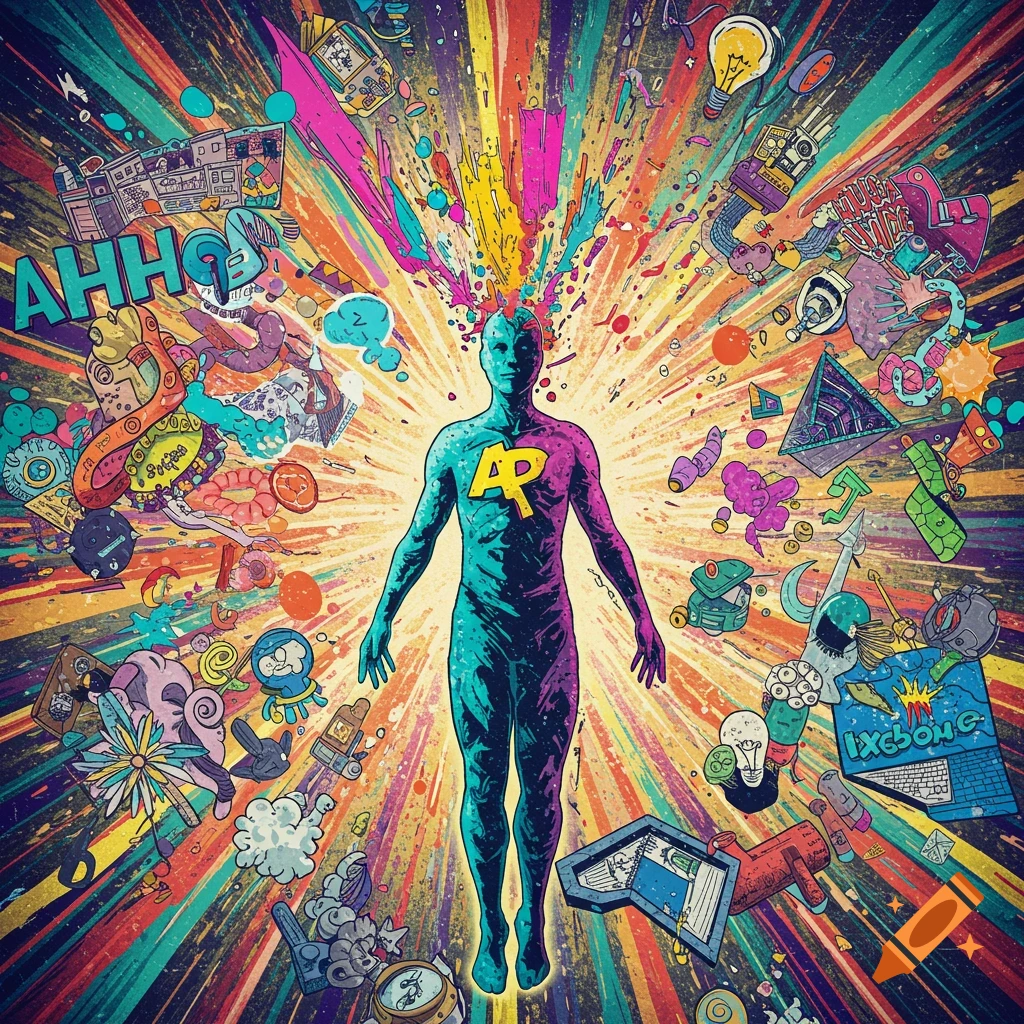 Stylized human figure in the center of a chaotic, colorful explosion of abstract and symbolic elements, graphic illustration style.