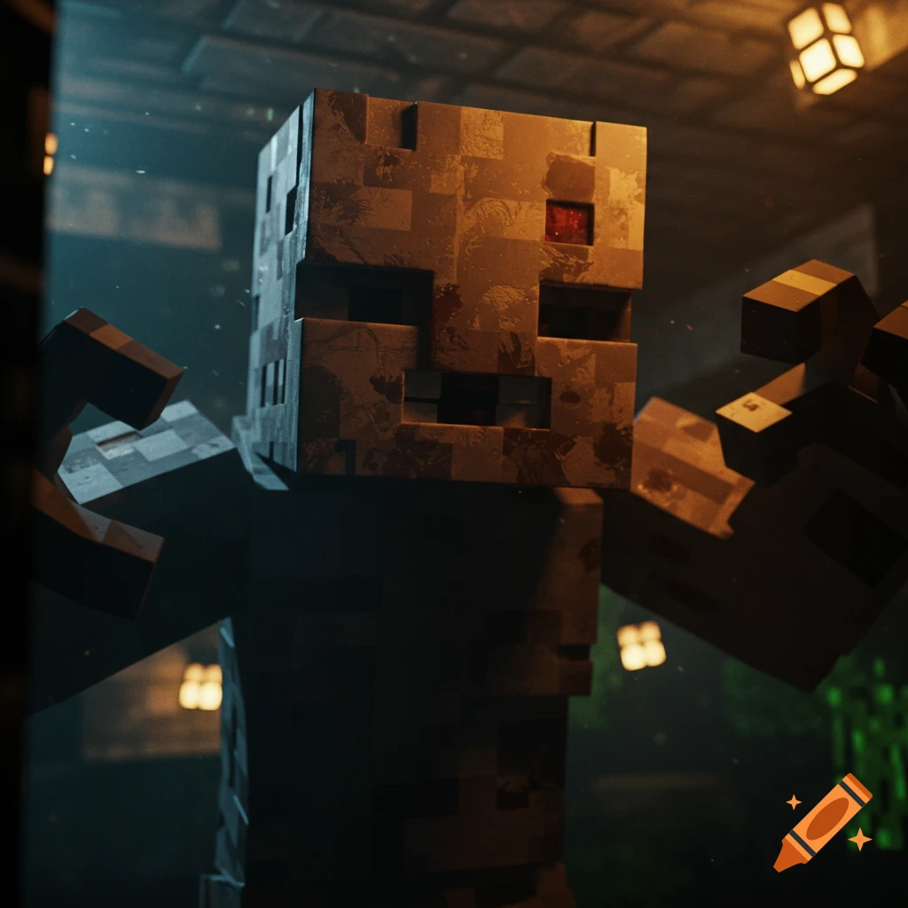 Close-up of a blocky Minecraft Warden creature in a dark cave with glowing eyes and lanterns.