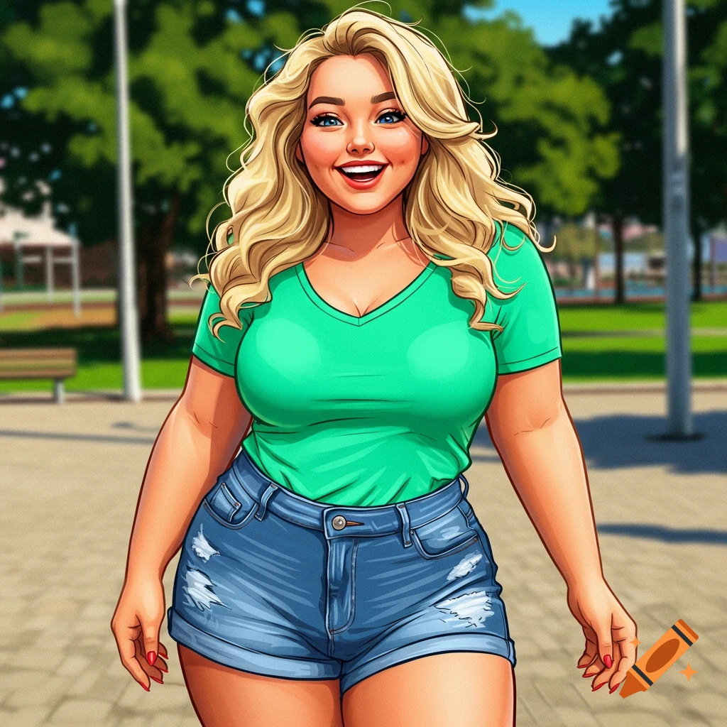 Illustration of a smiling blonde woman in a green shirt and denim shorts walking in a park.