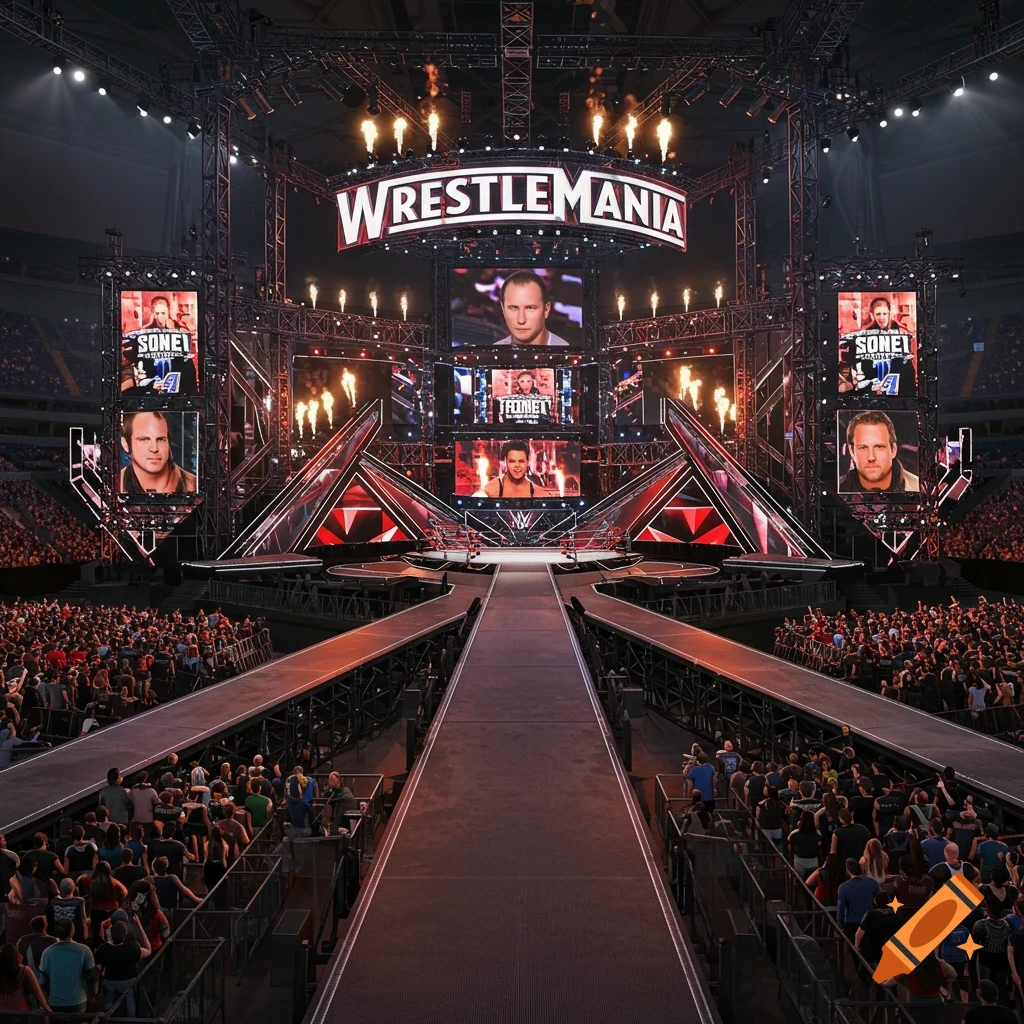 Large indoor arena stage set up for wrestling event with screens, lights, and pyrotechnics.