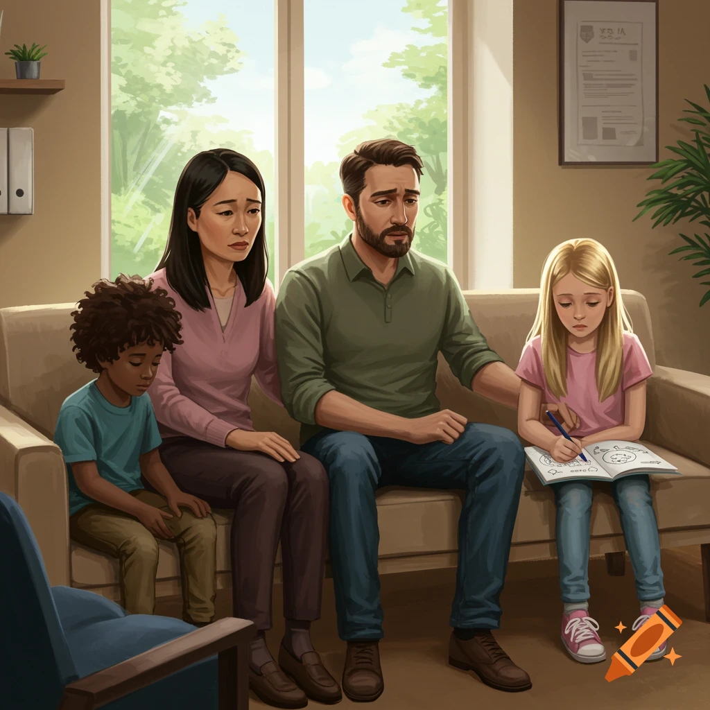 A sad family sits on a couch in a therapist's office.