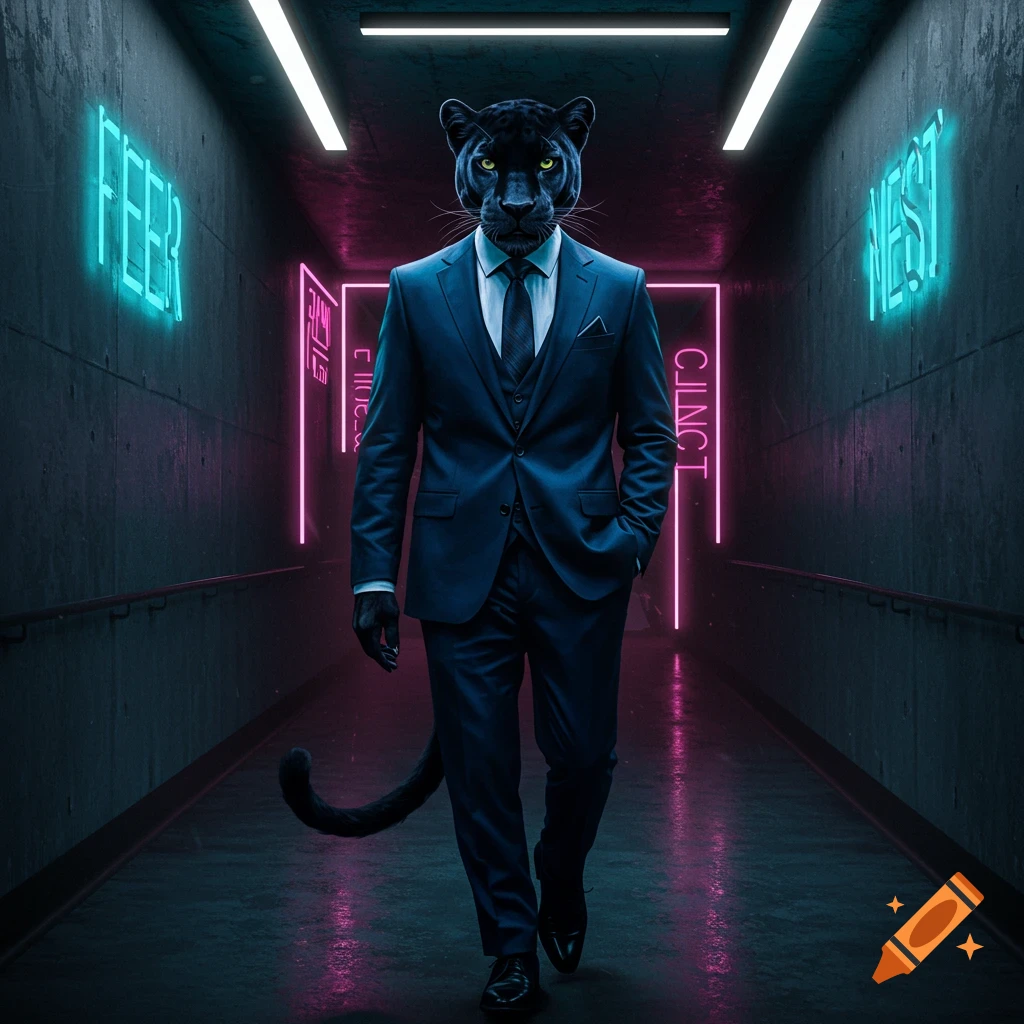 A black panther in a suit walks down a dark hallway lit by neon signs.