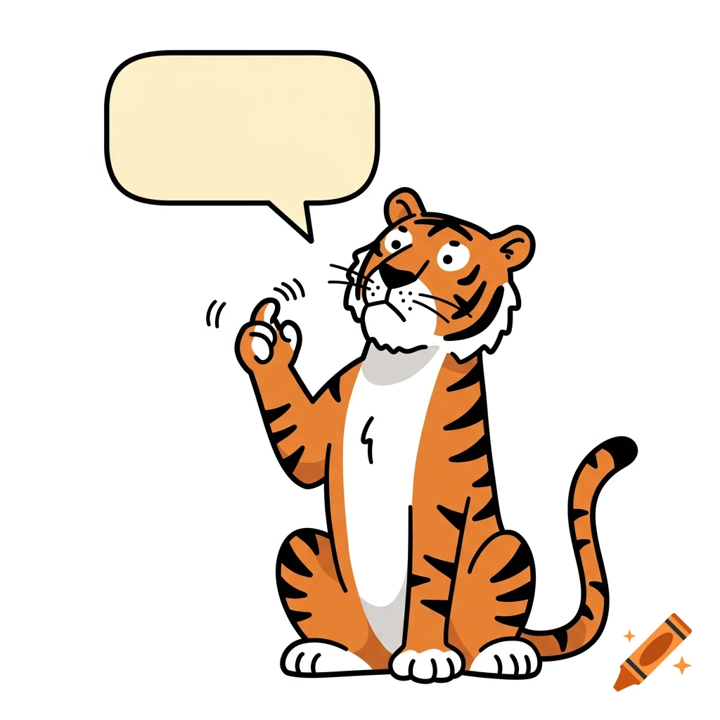 Cartoon tiger sitting and gesturing with an empty speech bubble
