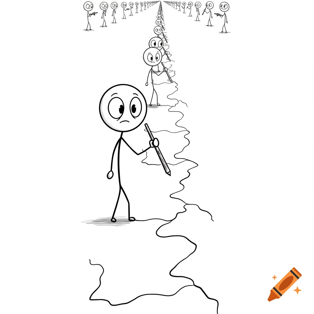 Black and white stick figure drawing. A stickman in the foreground draws a wavy line, while a long line of other stickmen follow behind, also drawing.