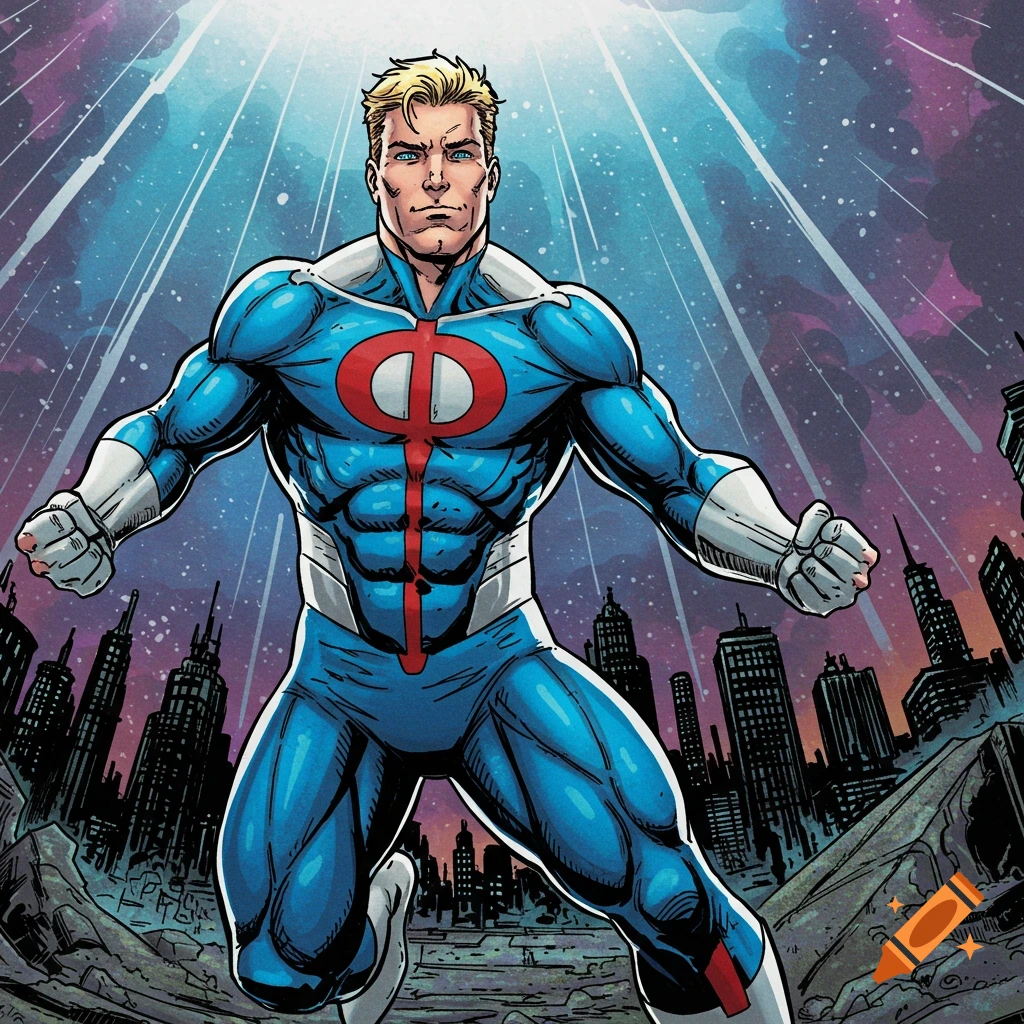 Comic book illustration of a superhero in blue suit with red symbol standing in a city.