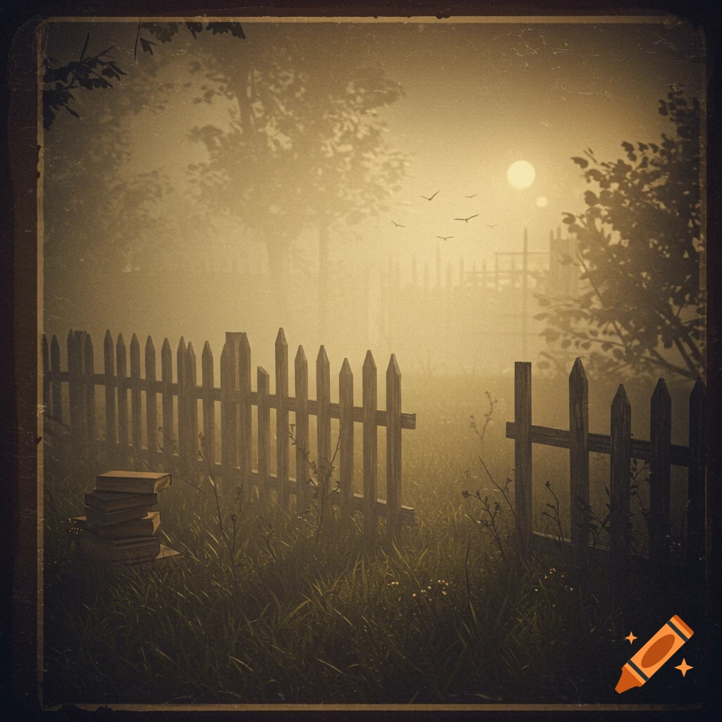 A misty vintage scene with a wooden fence, books, trees, and birds in the sky.