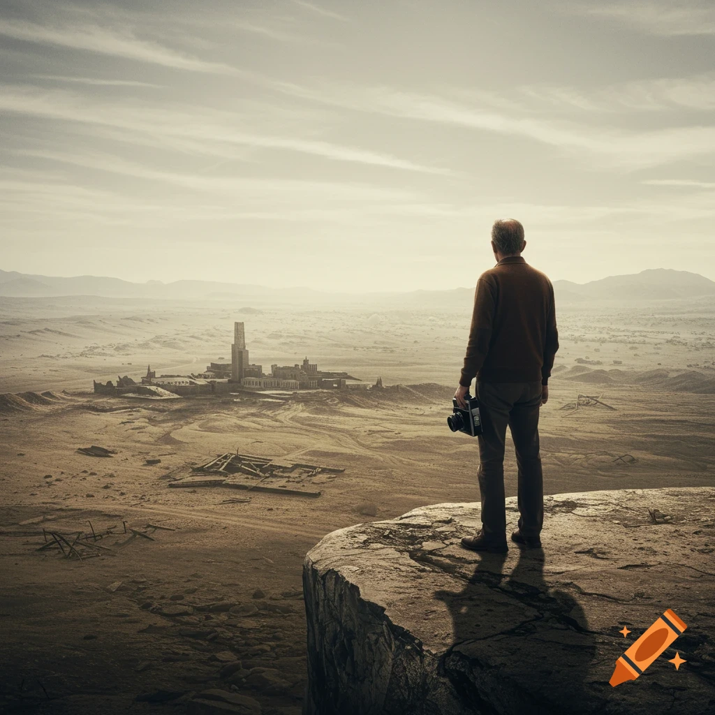 A person stands on a cliff overlooking a ruined city in a desolate desert landscape, holding a camera.