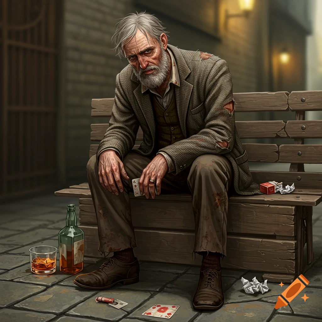 An old man sits dejectedly on a bench with playing cards, a drink, and cigarette pack nearby.