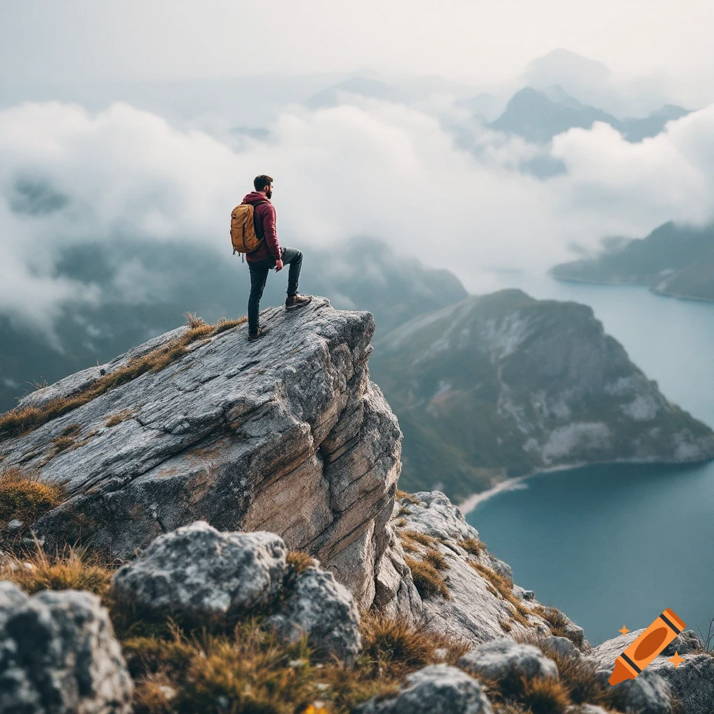Man with backpack standing on a cliff overlooking a mountain lake and clouds.