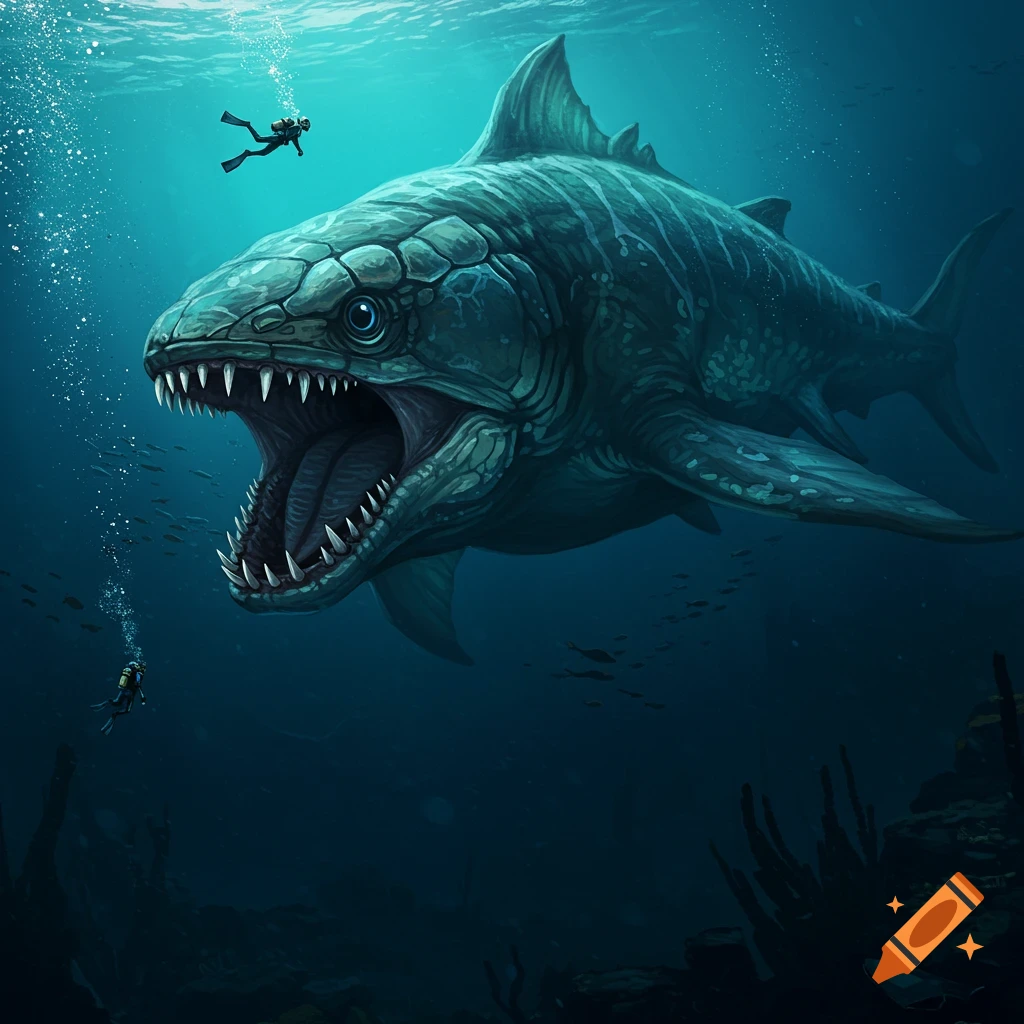 Giant monstrous fish with sharp teeth opening its mouth towards two scuba divers in deep blue underwater scene.