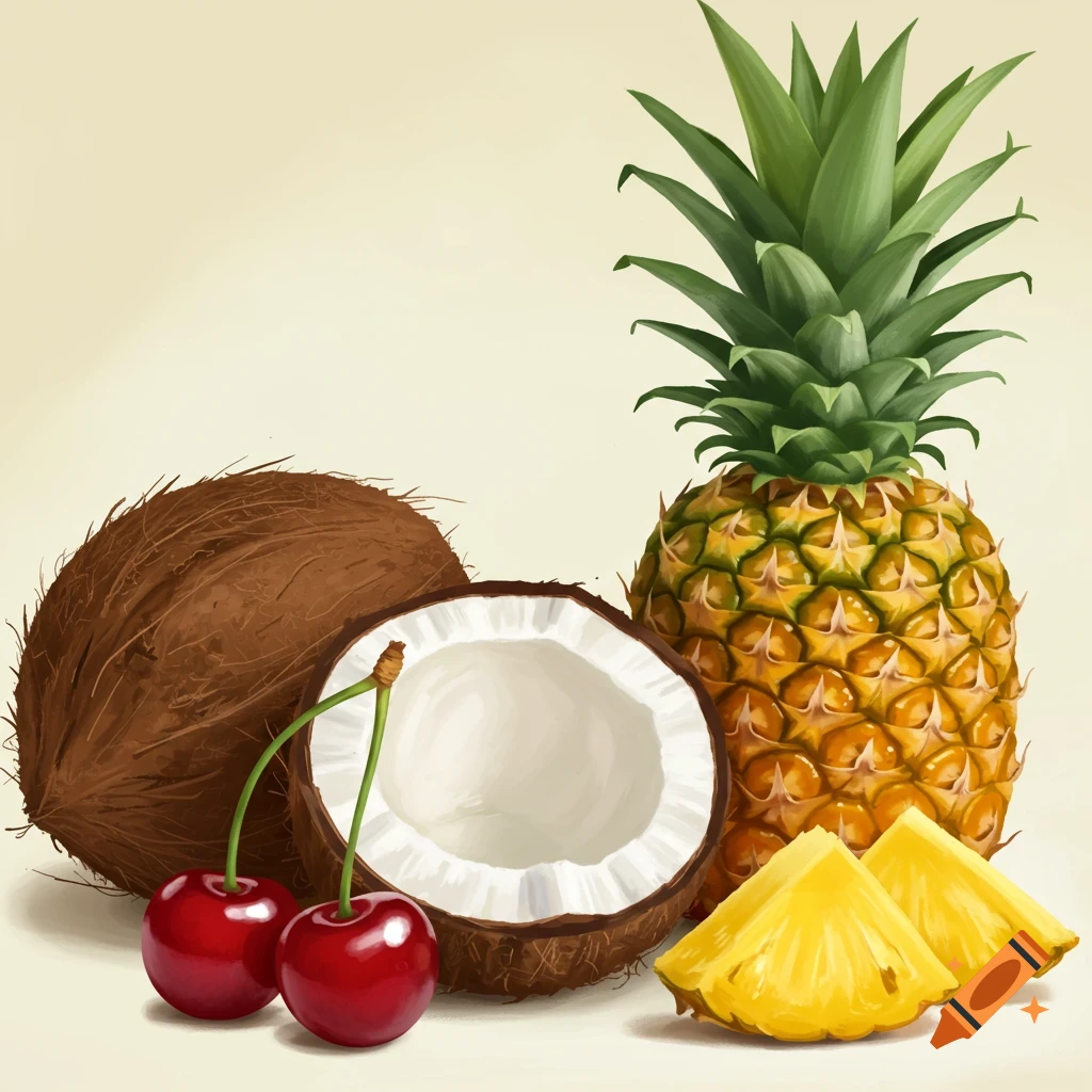 Illustration of a coconut, a pineapple, and cherries.